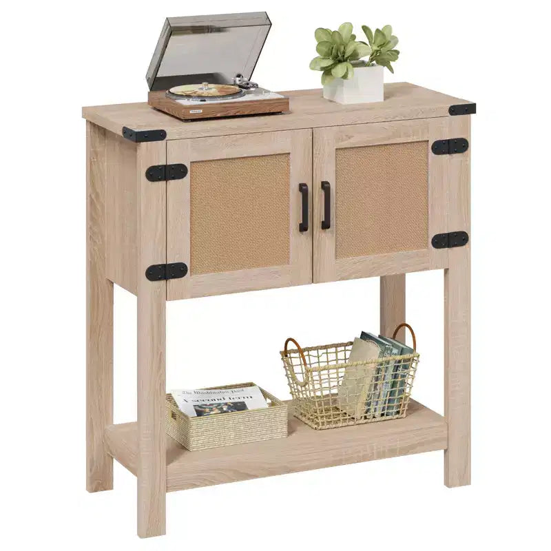 Tavolo consolle in stile rustico con ante in rattan, tavolo da ingresso con mobile contenitore, tavolo in legno con maniglia in metallo per cucina e corridoio