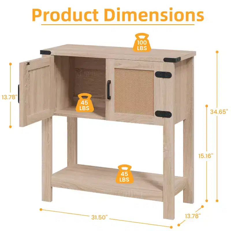 Tavolo consolle in stile rustico con ante in rattan, tavolo da ingresso con mobile contenitore, tavolo in legno con maniglia in metallo per cucina e corridoio