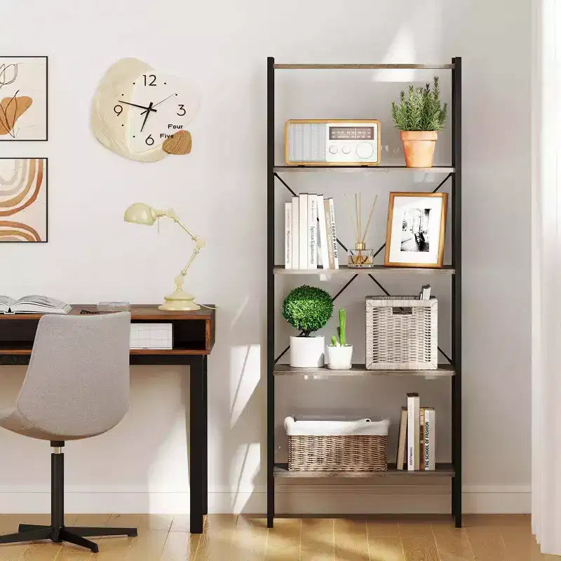 1/2 PCS 5-Tier Bookshelf, Industrial Tall Bookcase with Open Storage Shelves &amp; Metal Frame Oak
