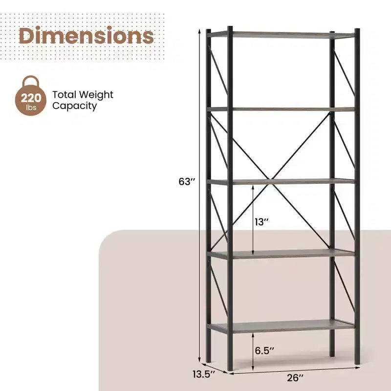 1/2 PCS 5-Tier Bookshelf, Industrial Tall Bookcase with Open Storage Shelves &amp; Metal Frame Oak