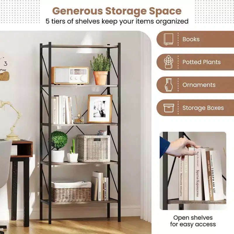 1/2 PCS 5-Tier Bookshelf, Industrial Tall Bookcase with Open Storage Shelves &amp; Metal Frame Oak
