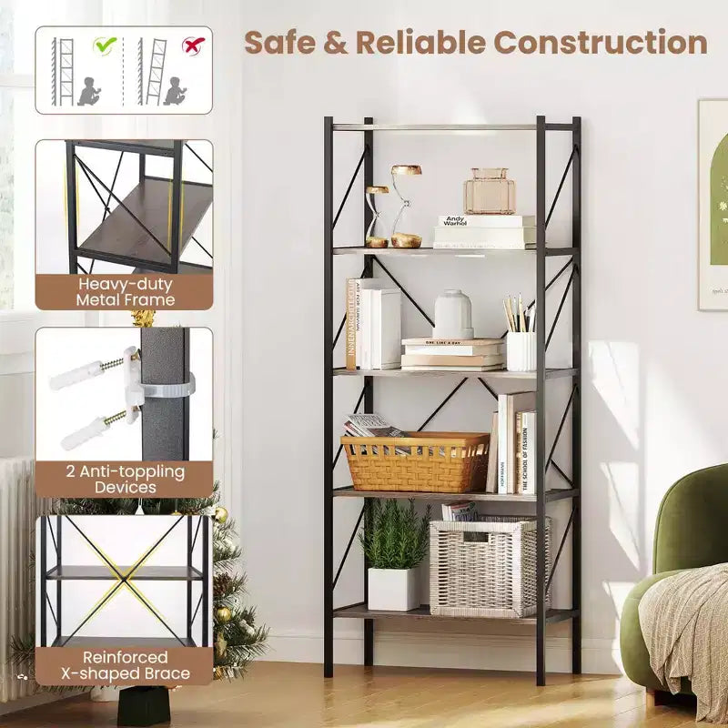 1/2 PCS 5-Tier Bookshelf, Industrial Tall Bookcase with Open Storage Shelves &amp; Metal Frame Oak