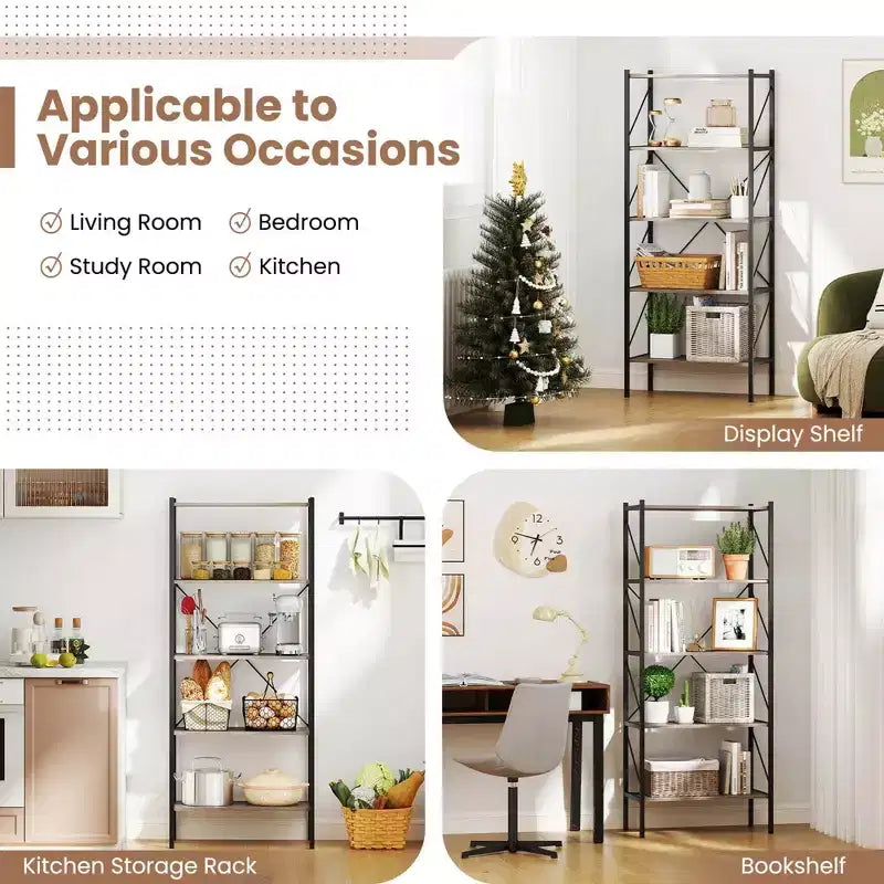 1/2 PCS 5-Tier Bookshelf, Industrial Tall Bookcase with Open Storage Shelves &amp; Metal Frame Oak