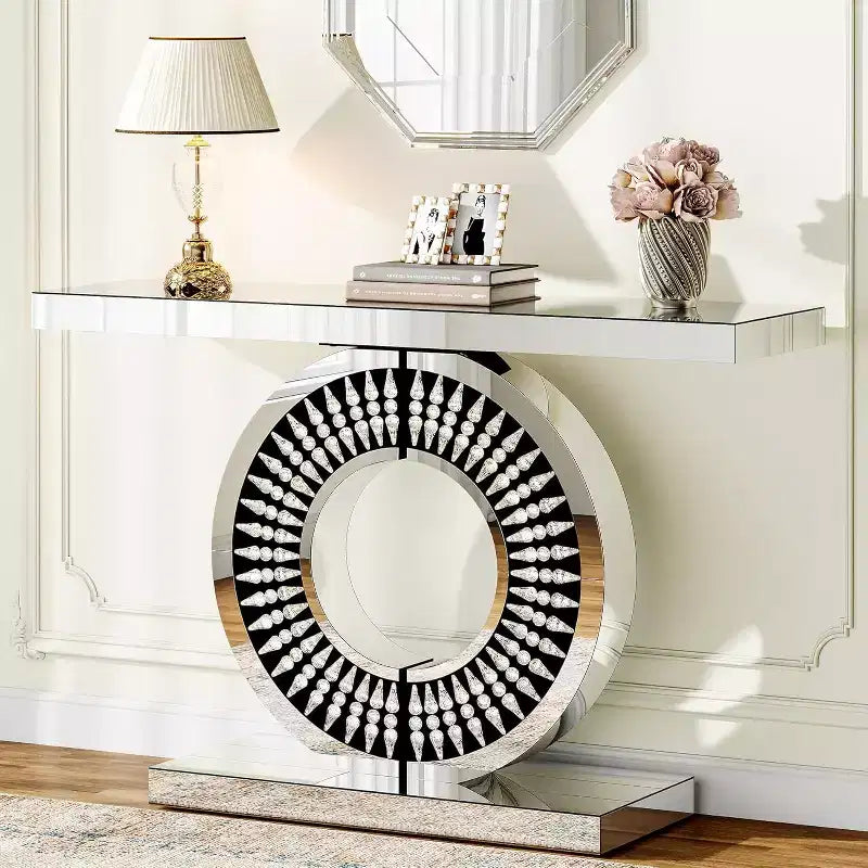 Tavolo consolle moderno con specchio, tavolino da divano in vetro da 43 pollici con base impreziosita da scintillanti inserti in cristallo, per ingresso, soggiorno e corridoio