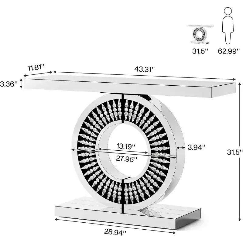 Tavolo consolle moderno con specchio, tavolino da divano in vetro da 43 pollici con base impreziosita da scintillanti inserti in cristallo, per ingresso, soggiorno e corridoio