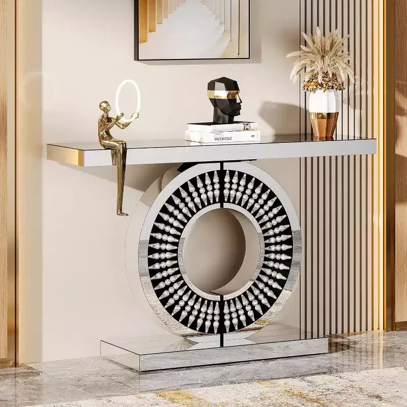 Tavolo consolle moderno con specchio, tavolino da divano in vetro da 43 pollici con base impreziosita da scintillanti inserti in cristallo, per ingresso, soggiorno e corridoio