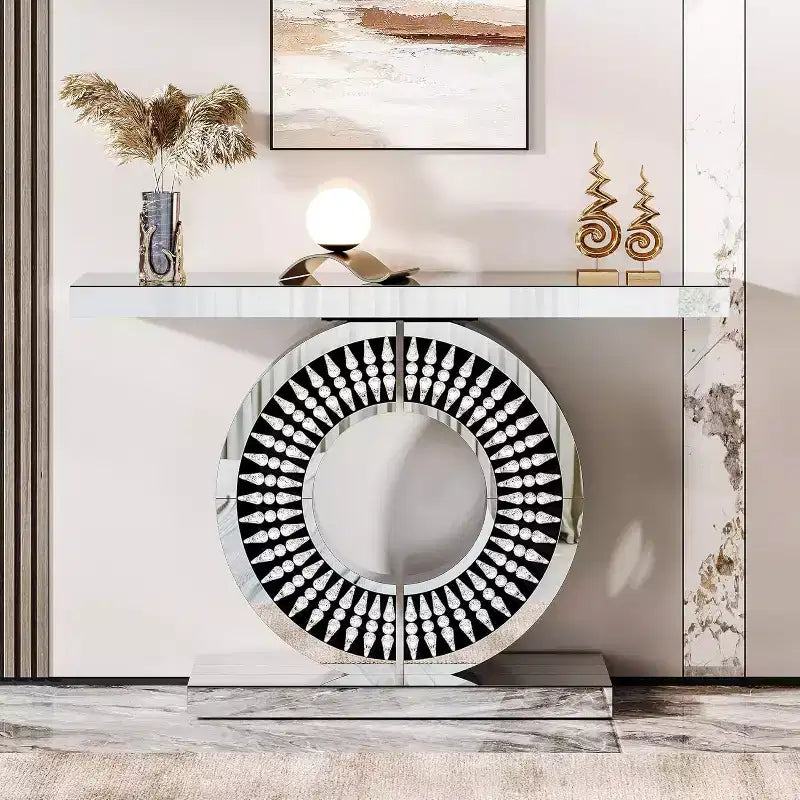 Tavolo consolle moderno con specchio, tavolino da divano in vetro da 43 pollici con base impreziosita da scintillanti inserti in cristallo, per ingresso, soggiorno e corridoio