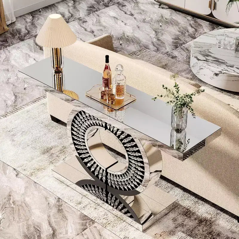 Tavolo consolle moderno con specchio, tavolino da divano in vetro da 43 pollici con base impreziosita da scintillanti inserti in cristallo, per ingresso, soggiorno e corridoio
