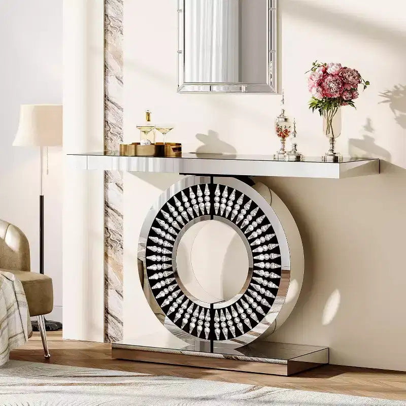 Tavolo consolle moderno con specchio, tavolino da divano in vetro da 43 pollici con base impreziosita da scintillanti inserti in cristallo, per ingresso, soggiorno e corridoio