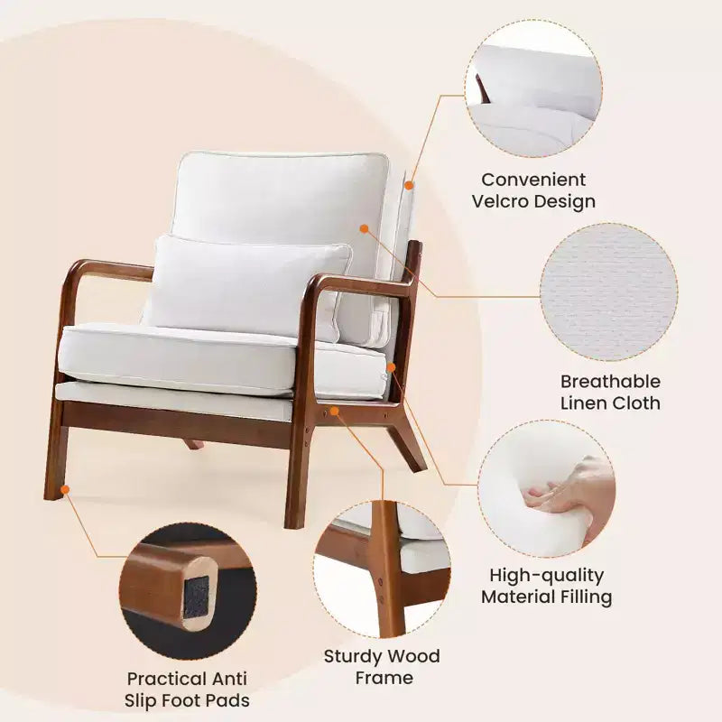 Sedia con cuscino lombare, poltrona da salotto con braccioli, comoda sedia da lettura in lino con struttura in legno per il soggiorno