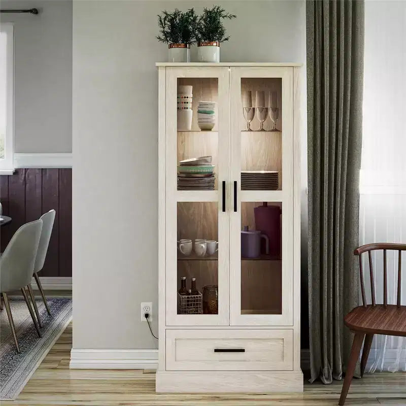 Vetrina Ameriwood Home Sherman con ante in vetro e cassetto portaoggetti, rovere bianco
