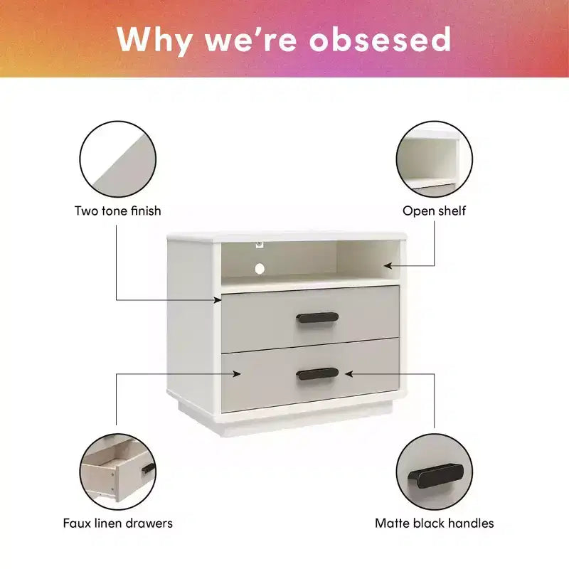 2-Drawer Nightstand, Taupe and White