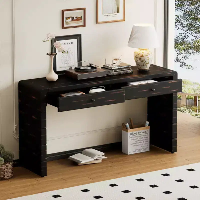 Tavolo da ingresso in legno con 2 cassetti, consolle contenitore rustica in stile rustico
