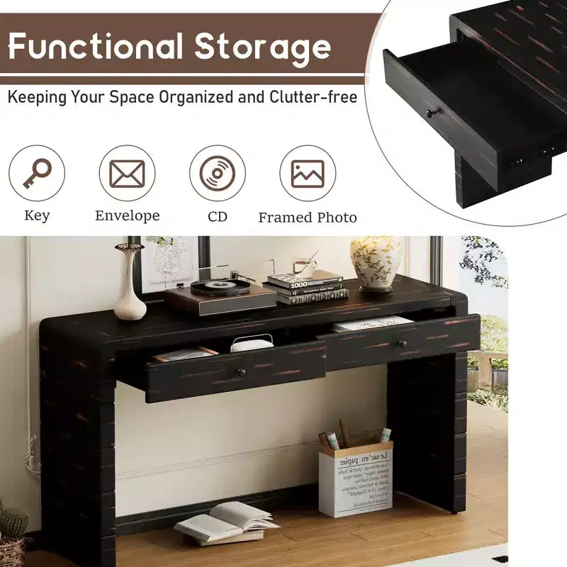 Tavolo da ingresso in legno con 2 cassetti, consolle contenitore rustica in stile rustico