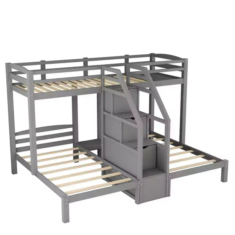 Łóżko piętrowe dla dwóch osób z dwoma łóżkami pojedynczymi, górną półką do przechowywania, wbudowanymi schodkami i małymi szufladami - szare