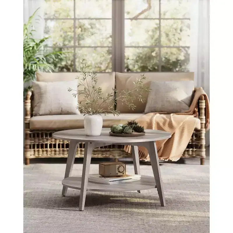 Round Coffee Table, 32''Circle Coffee Tables with 2-Tier Storage Shelf, Easy to Assemble for Living Room