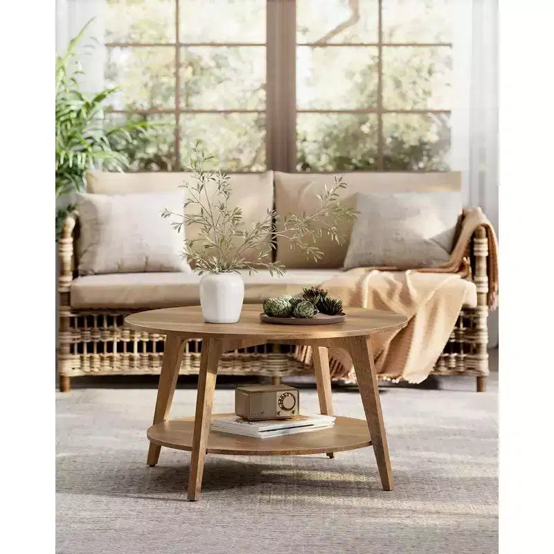 Round Coffee Table, 32''Circle Coffee Tables with 2-Tier Storage Shelf, Easy to Assemble for Living Room