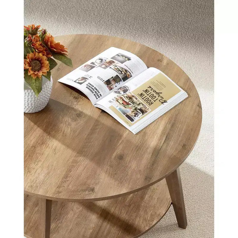 Round Coffee Table, 32''Circle Coffee Tables with 2-Tier Storage Shelf, Easy to Assemble for Living Room
