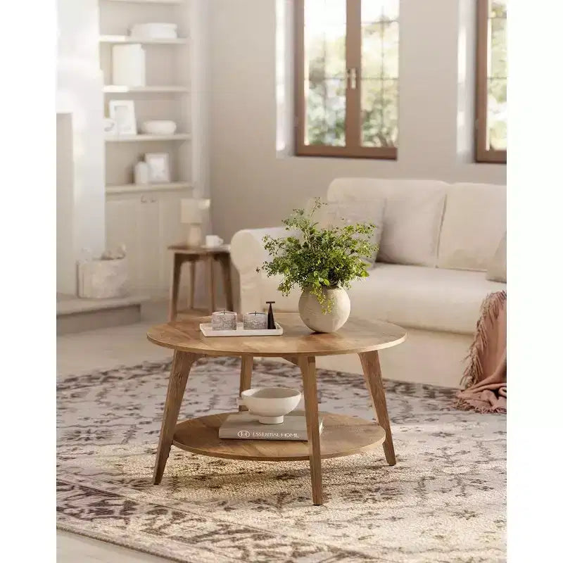 Round Coffee Table, 32''Circle Coffee Tables with 2-Tier Storage Shelf, Easy to Assemble for Living Room