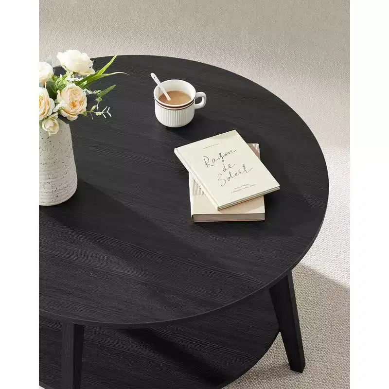 Round Coffee Table, 32''Circle Coffee Tables with 2-Tier Storage Shelf, Easy to Assemble for Living Room