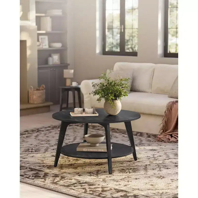Tavolino rotondo da 32'' con ripiano contenitore a 2 livelli, facile da montare, per soggiorno