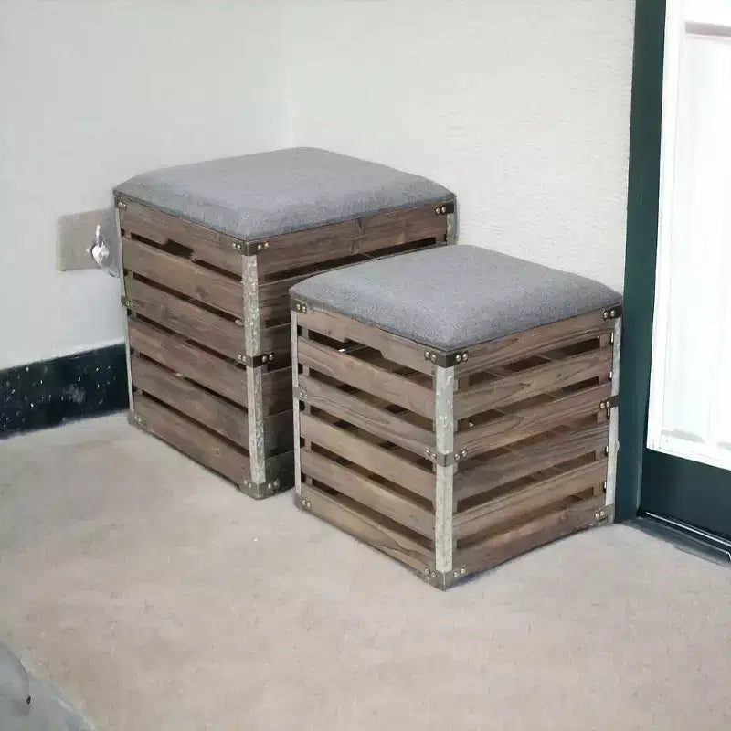 Set di 2 panche contenitore quadrate in lino grigio e doghe di legno