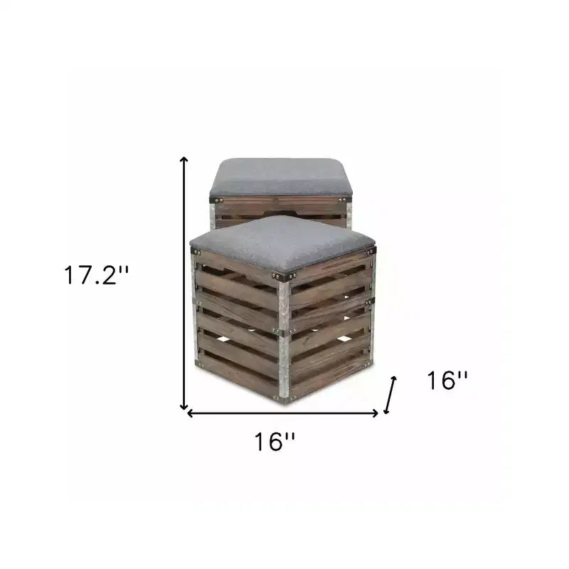 Set di 2 panche contenitore quadrate in lino grigio e doghe di legno