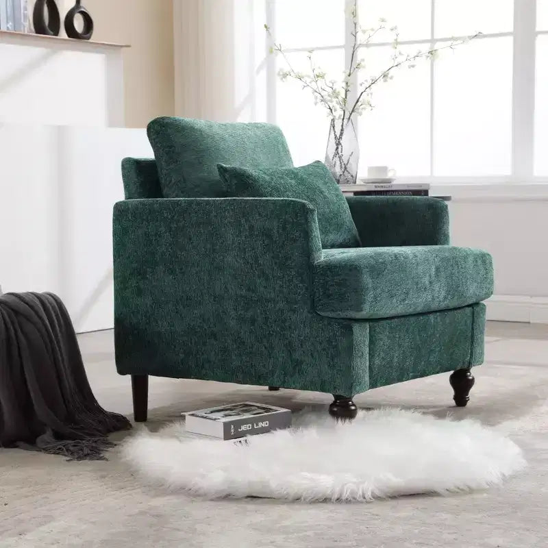 Poltrona decorativa moderna con struttura in legno, design a poltroncina club capitonné, stile metà secolo.
