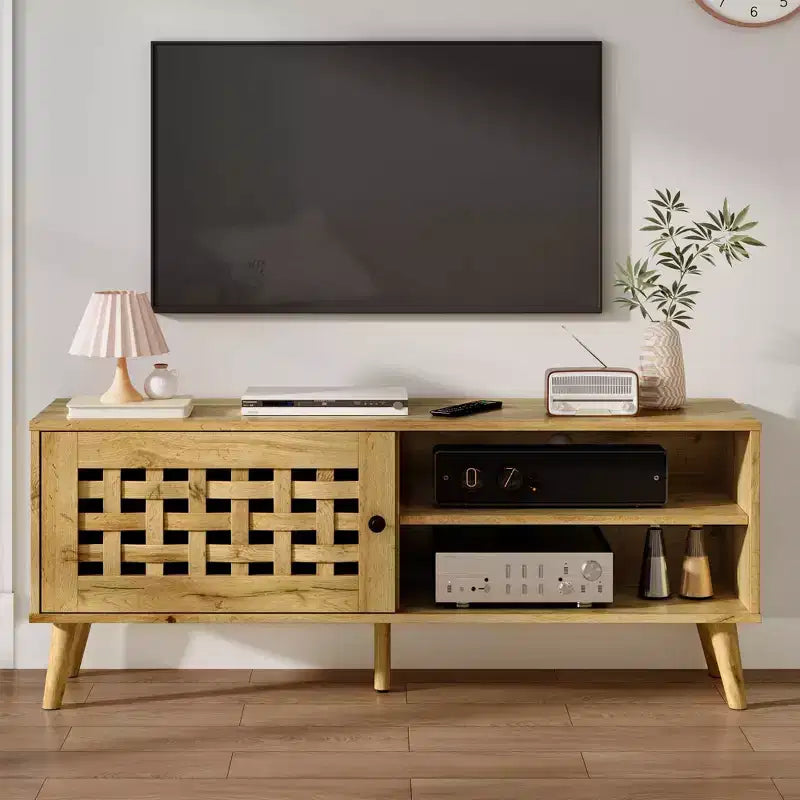 Mobile TV contenitore per televisori da 55 pollici, centro multimediale in legno in stile moderno di metà secolo con contenitori, finitura naturale per camera da letto