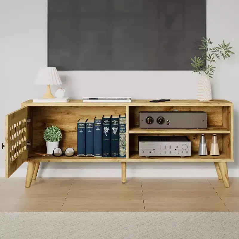 TV Stand with Storage for 55 Inch TVs, Wood TV Entertainment Center, Mid Century Modern TV Entertainment Center with Storage, Bedroom Natural