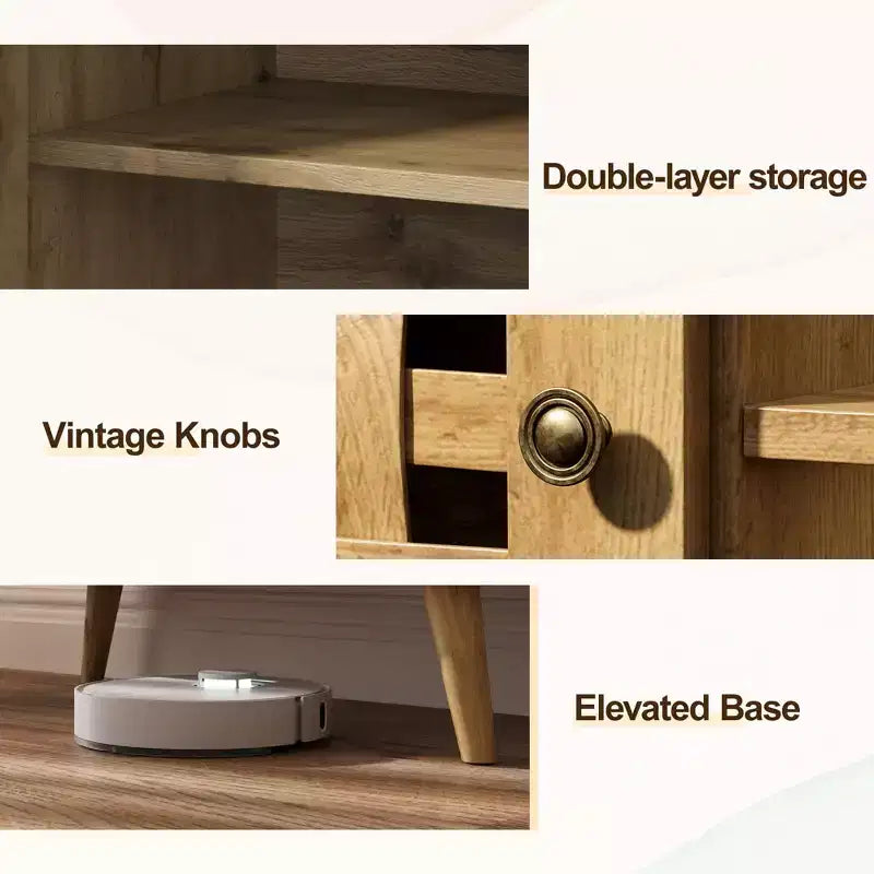 Mobile TV contenitore per televisori da 55 pollici, centro multimediale in legno in stile moderno di metà secolo con contenitori, finitura naturale per camera da letto