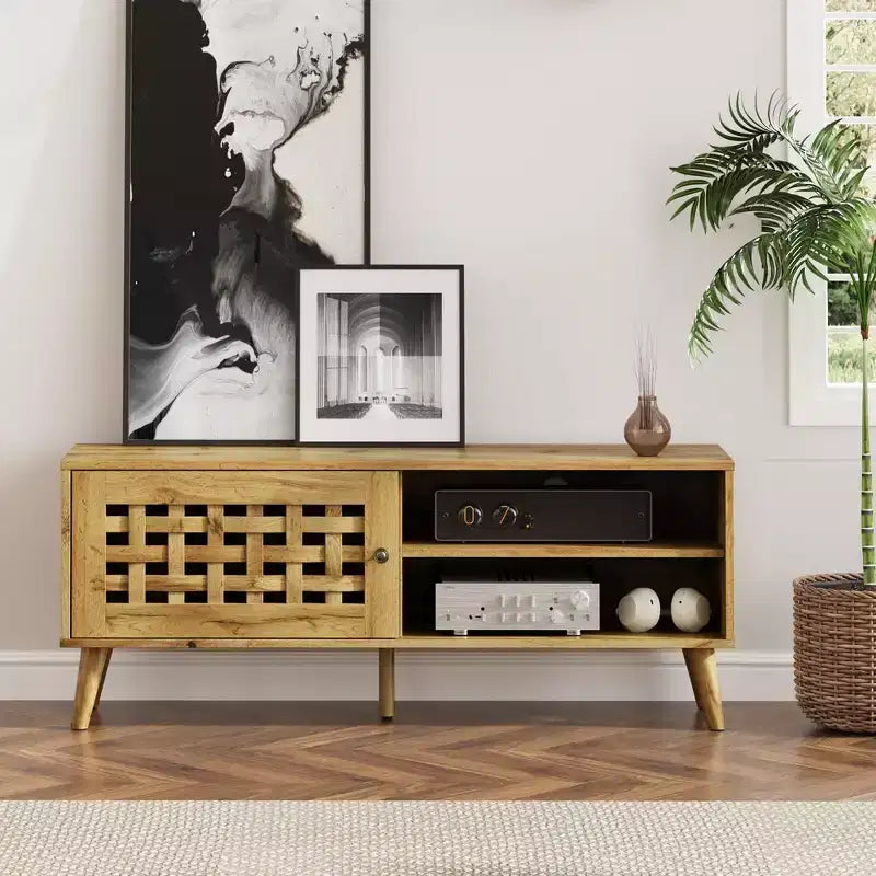 TV Stand with Storage for 55 Inch TVs, Wood TV Entertainment Center, Mid Century Modern TV Entertainment Center with Storage, Bedroom Natural