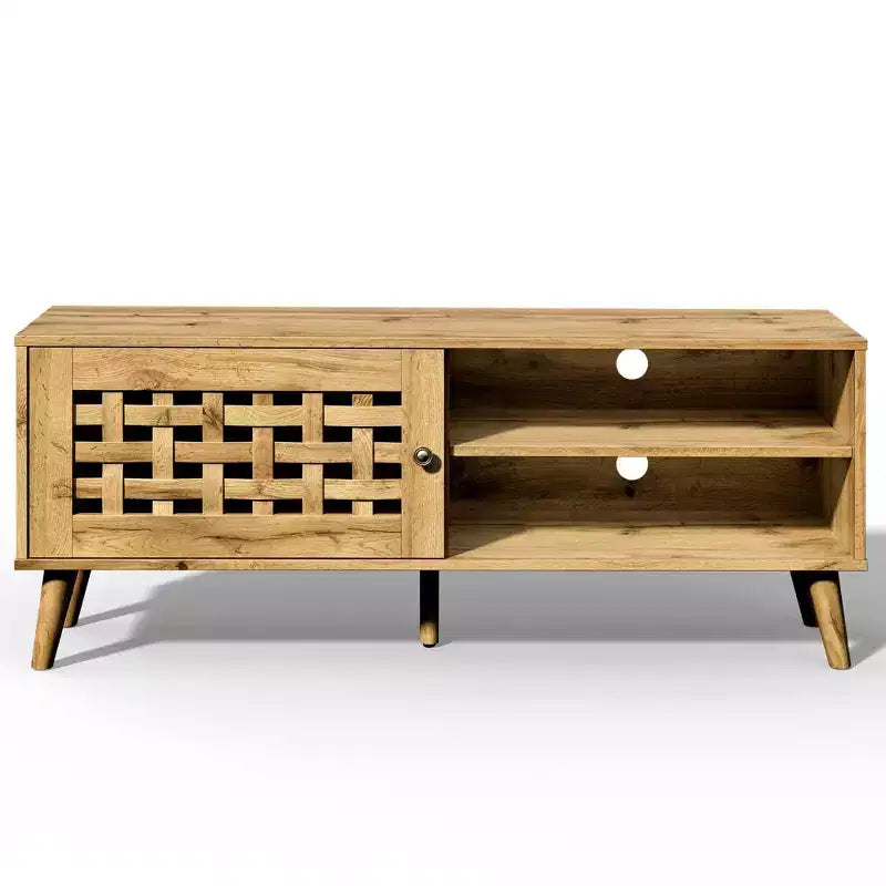TV Stand with Storage for 55 Inch TVs, Wood TV Entertainment Center, Mid Century Modern TV Entertainment Center with Storage, Bedroom Natural