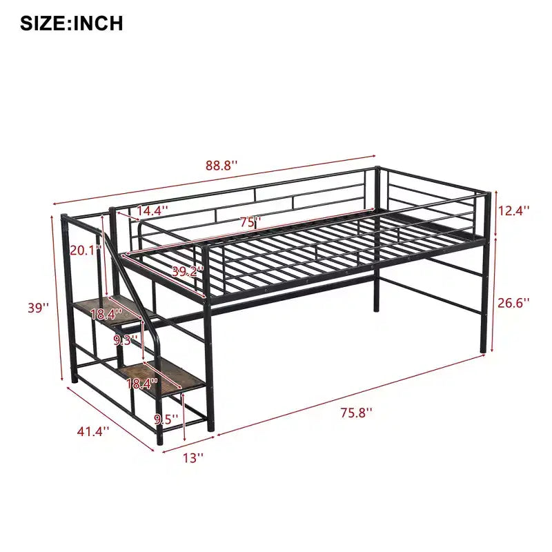 Łóżko półpiętrowe ze schodkami do przechowywania, 88.80'' dł. 41.40'' szer. 39.00 wys.