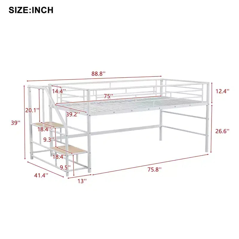 Łóżko półpiętrowe ze schodkami do przechowywania, 88.80'' dł. 41.40'' szer. 39.00 wys.