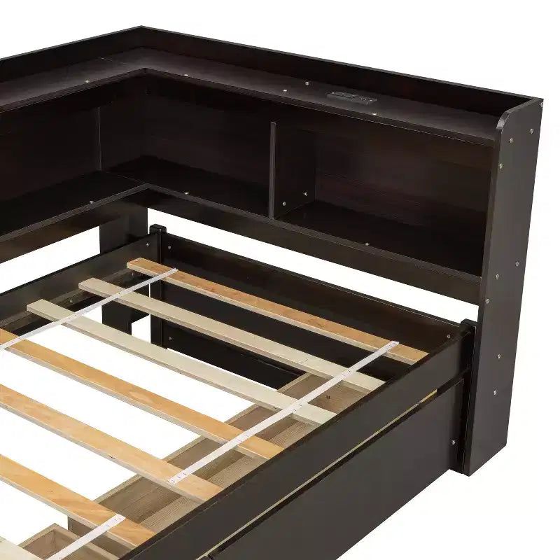 L-Shaped Bookcase Bed with Built-In Power Outlets, USB Charging Ports, and Two Storage Drawers