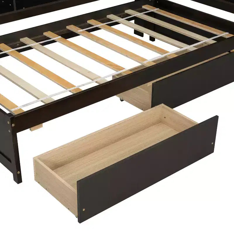 L-Shaped Bookcase Bed with Built-In Power Outlets, USB Charging Ports, and Two Storage Drawers