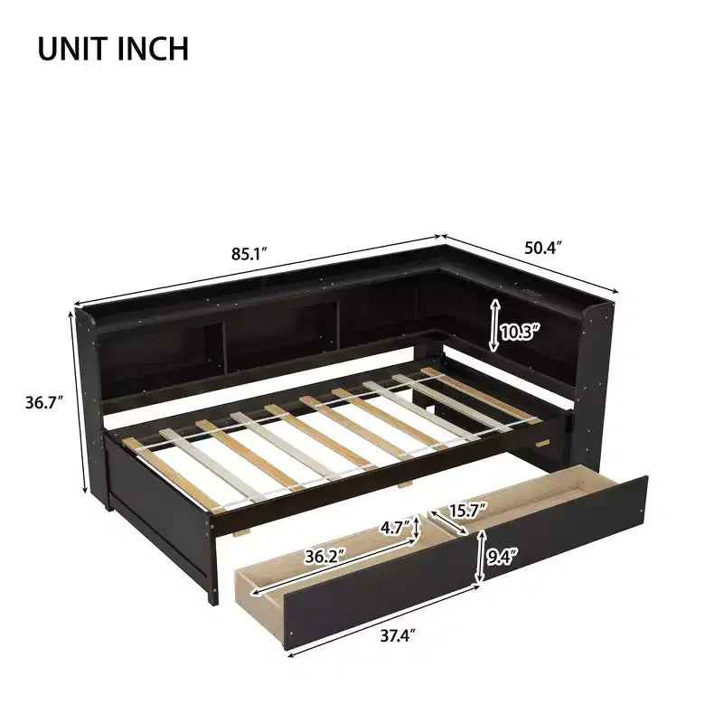 L-Shaped Bookcase Bed with Built-In Power Outlets, USB Charging Ports, and Two Storage Drawers