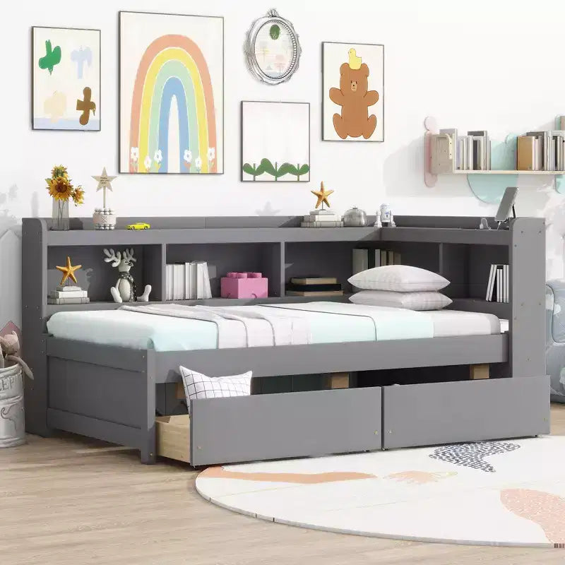 L-Shaped Bookcase Bed with Built-In Power Outlets, USB Charging Ports, and Two Storage Drawers