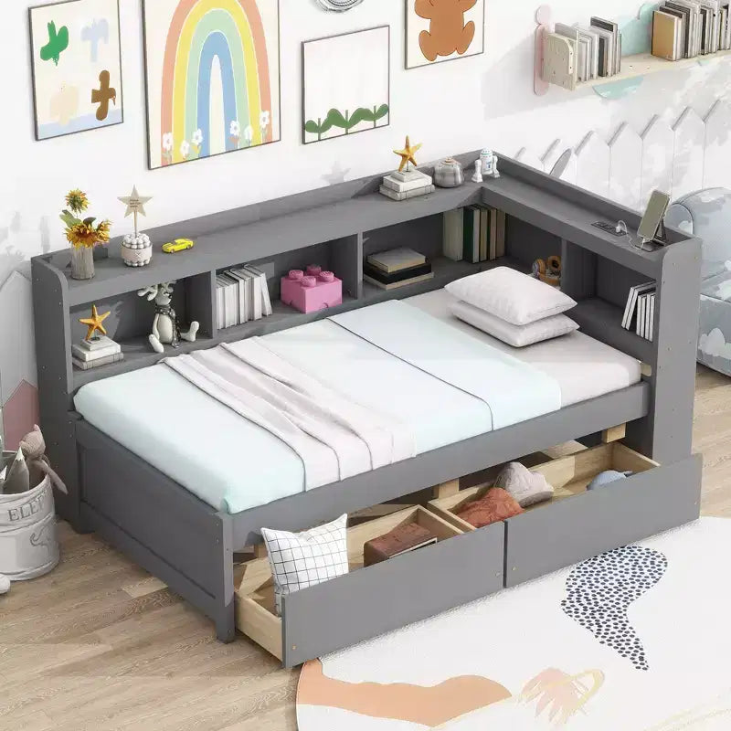 L-Shaped Bookcase Bed with Built-In Power Outlets, USB Charging Ports, and Two Storage Drawers