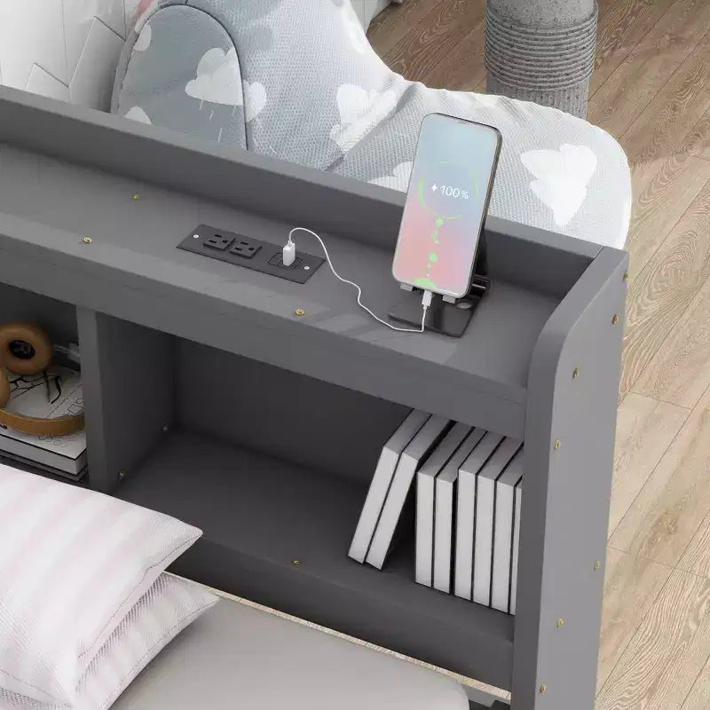 L-Shaped Bookcase Bed with Built-In Power Outlets, USB Charging Ports, and Two Storage Drawers