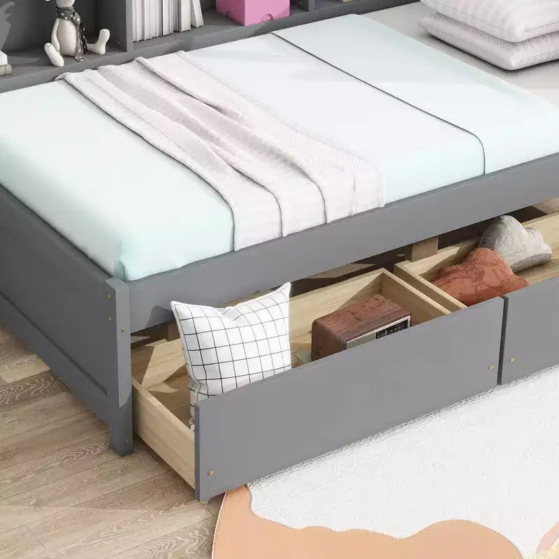 L-Shaped Bookcase Bed with Built-In Power Outlets, USB Charging Ports, and Two Storage Drawers