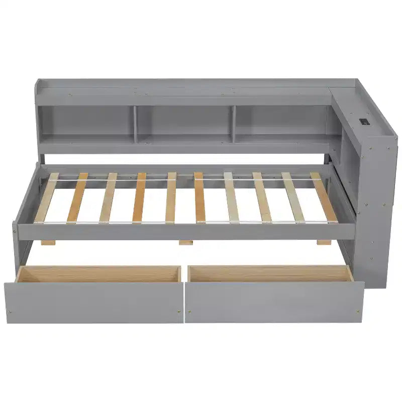 L-Shaped Bookcase Bed with Built-In Power Outlets, USB Charging Ports, and Two Storage Drawers