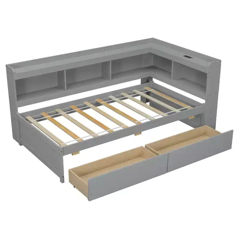 L-Shaped Bookcase Bed with Built-In Power Outlets, USB Charging Ports, and Two Storage Drawers