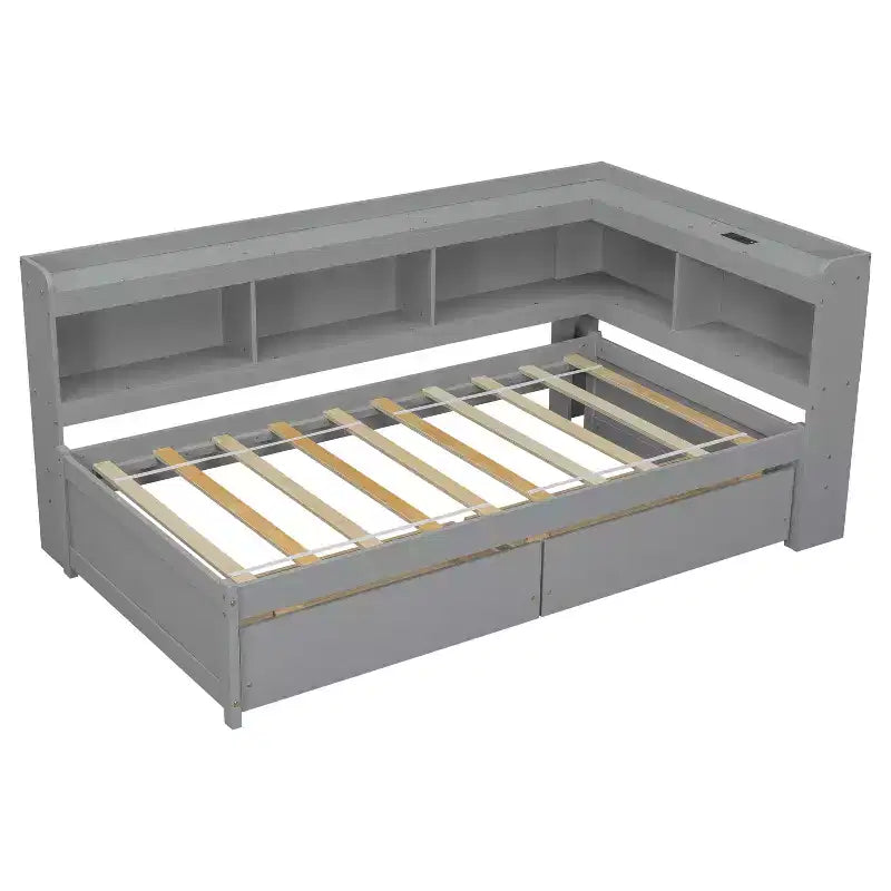 L-Shaped Bookcase Bed with Built-In Power Outlets, USB Charging Ports, and Two Storage Drawers