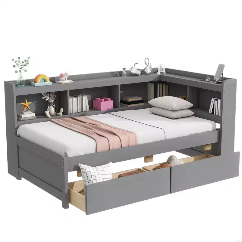 L-Shaped Bookcase Bed with Built-In Power Outlets, USB Charging Ports, and Two Storage Drawers
