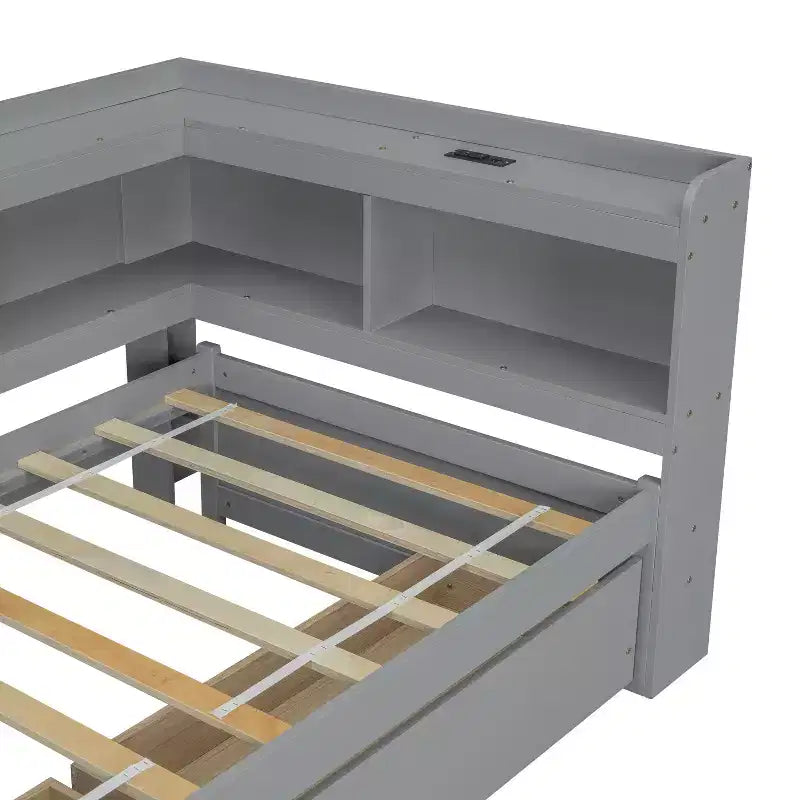 L-Shaped Bookcase Bed with Built-In Power Outlets, USB Charging Ports, and Two Storage Drawers