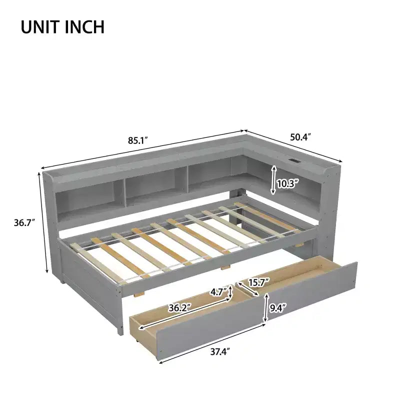 L-Shaped Bookcase Bed with Built-In Power Outlets, USB Charging Ports, and Two Storage Drawers
