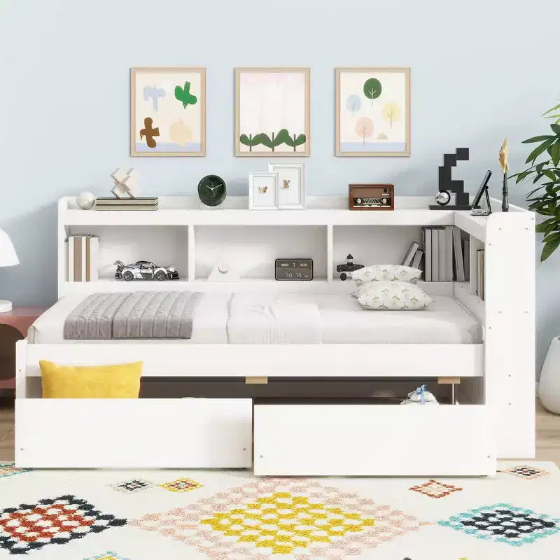 L-Shaped Bookcase Bed with Built-In Power Outlets, USB Charging Ports, and Two Storage Drawers