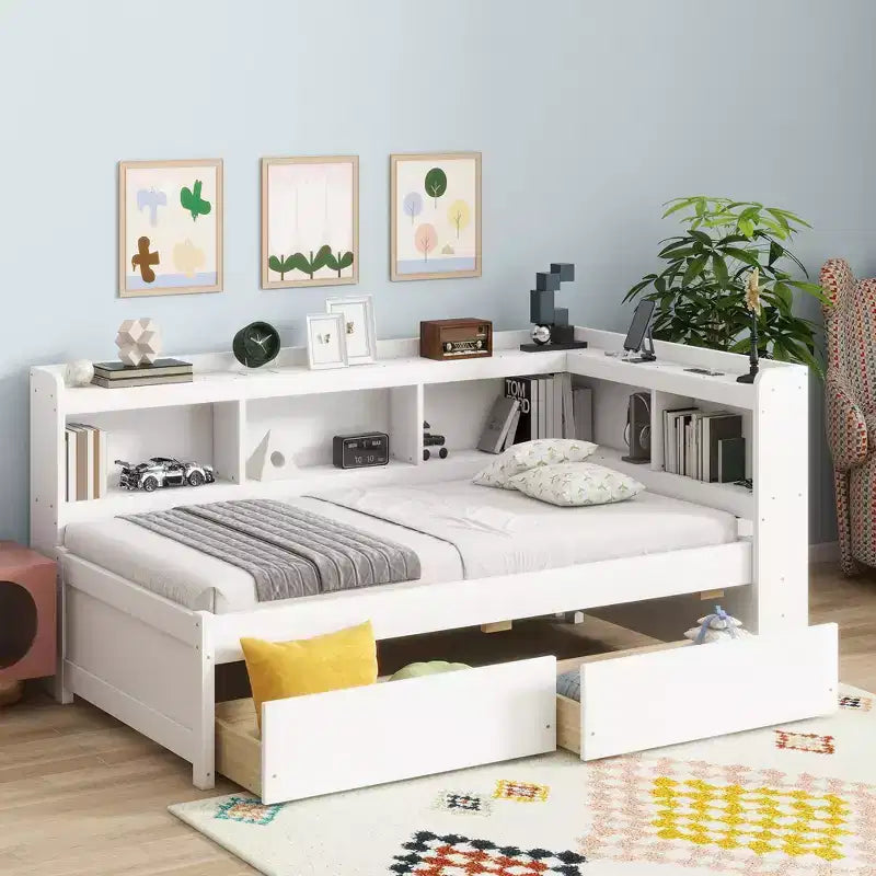 L-Shaped Bookcase Bed with Built-In Power Outlets, USB Charging Ports, and Two Storage Drawers